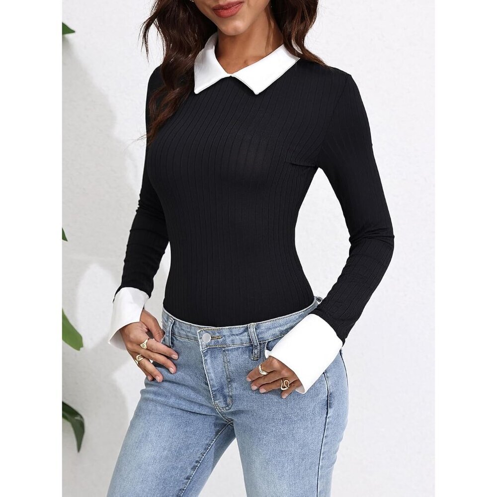 Women Colorblock Rib Knit Long Sleeve Bodysuit Slim Fit for Casual or Work - Picture 5 of 6